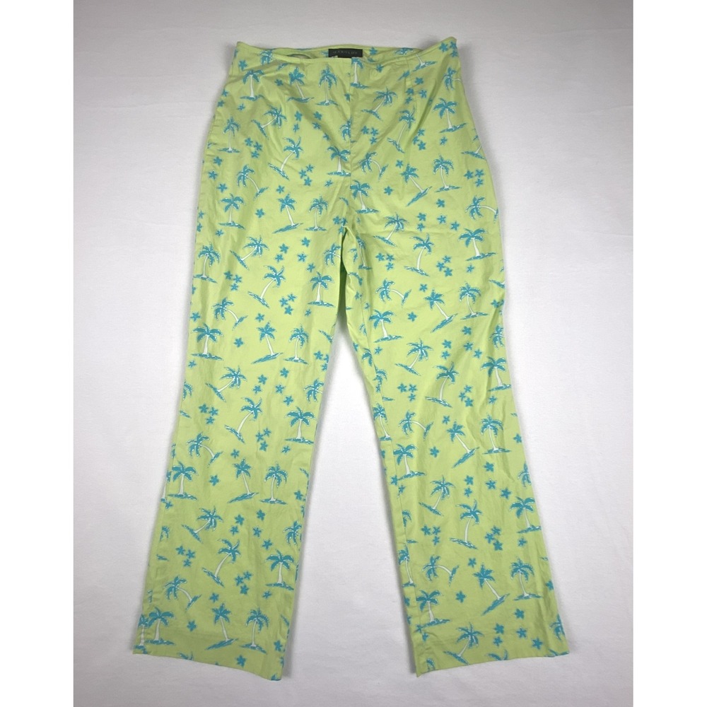 Harolds Women Lime Green Blue Palm Tree Tropical Print Straight Leg Pants Size 6